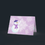 Wenskaart Snowman en Snowflakes Feestdagen Kaart<br><div class="desc">De wintervakantiegroet met de gelukkige Snowman en de prachtige witte gloeiende sneeuwvlokken over de violette achtergrond. Dit ontwerp is volledig aanpasbaar. De sneeuwvlokken en de sneeuwvlokken zijn allemaal op afzonderlijke lagen zodat u ze eenvoudig kunt aanpassen of (opnieuw) verplaatsen en u kunt de achtergrondkleur wijzigen zoals u wilt.</div>