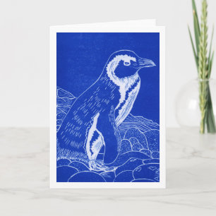 Wenskaart van Afrikaanse pinguïn Blue Linocut Kaart