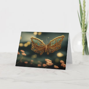 Wenskaart van gouden en Blauwgroen vlinder Bedankkaart