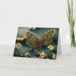 Wenskaart van gouden en Blauwgroen vlinder Bedankkaart