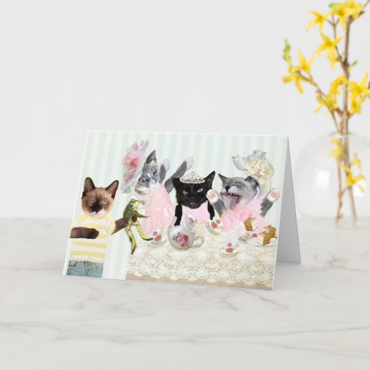 Wenskaart van Kittens Tea Party Kaart (Gele Bloem)