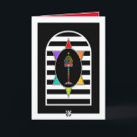 Wenskaart van Menorah Shalom Kaart<br><div class="desc">Deze regenboogkleurige menora in een even kleurrijke Davidster op een gewelfd, zwart-wit gestreept veld is zowel opvallend als stijlvol. Interieur kaart zegt Shalom in het Engels en Hebreeuws en is begrensd en gecoördineerd voor uw schrijfplezier. Geniet ervan! ~ Karyn</div>