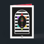 Wenskaart van Menorah Shalom Kaart<br><div class="desc">Deze regenboogkleurige menora in een even kleurrijke Davidster op een gewelfd,  zwart-wit gestreept veld is zowel opvallend als stijlvol. Interieur kaart zegt Shalom in het Engels en Hebreeuws en is begrensd en gecoördineerd voor uw schrijfplezier. Geniet ervan! ~ Karyn</div>