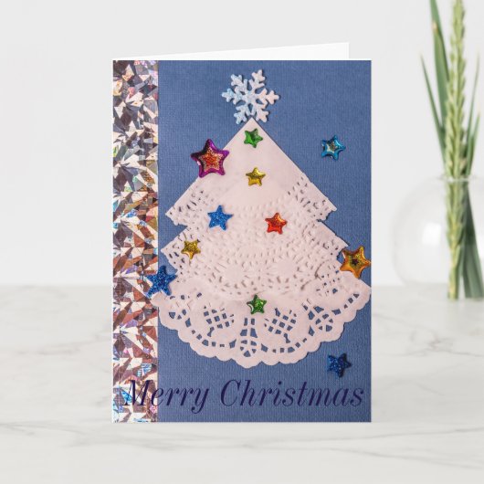 Wenskaart van papierdoilies voor kerstbomen feestdagen kaart (Voorkant)