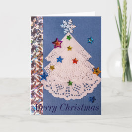 Wenskaart van papierdoilies voor kerstbomen feestdagen kaart