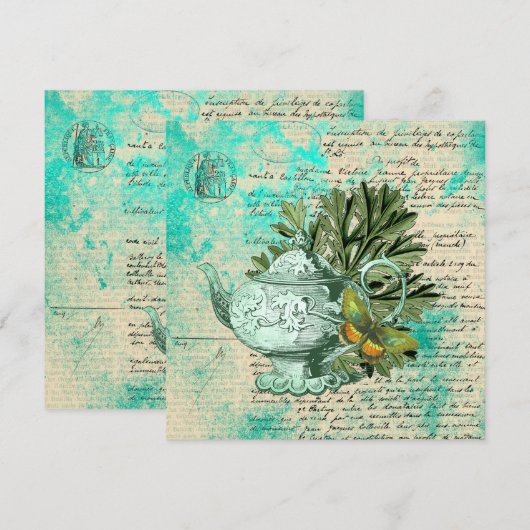  Wenskaart van theepot en ephemera (Voorkant / Achterkant)