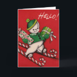 Wenskaart Vintage Kerstmis Snowman Feestdagen Kaart<br><div class="desc">Vintage / Retro Snowman-kerstkaart.  hallo!  Snowman skiën op snoeprietjes!</div>