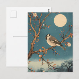 Wenskaart Vogel op bloeiende tak in het maanlicht Briefkaart