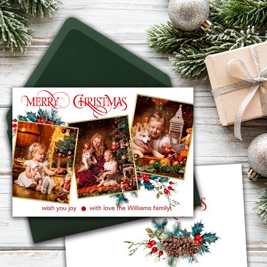 Wenskaart Vrolijk kerstfeest met 3 foto's Aankondiging