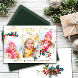 Wenskaart Vrolijk kerstfeest met 3 foto's Aankondiging