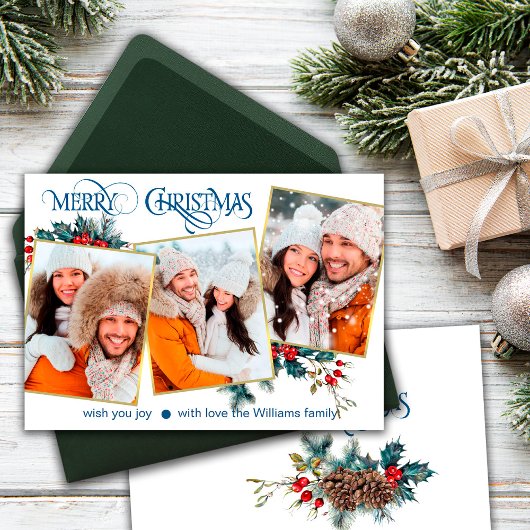 Wenskaart Vrolijk kerstfeest met 3 foto's Aankondiging