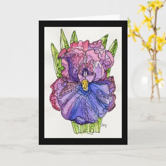 Wenskaart - Waterverf en inktPaarse iris Kaart (Gele Bloem)