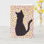Wenskaart - Zwarte kat tegen gekleurde Stippen Kaart (Gele Bloem)