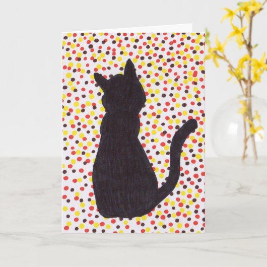 Wenskaart - Zwarte kat tegen gekleurde Stippen Kaart (Gele Bloem)