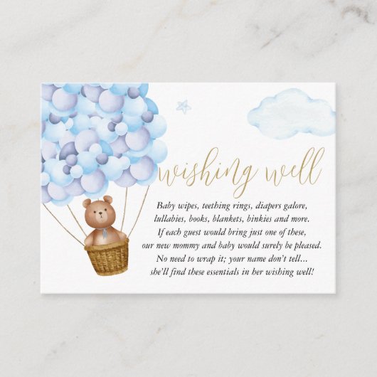 Wensput Teddybeer Blauwe Jongen Baby Shower Informatiekaartje (Voorkant)