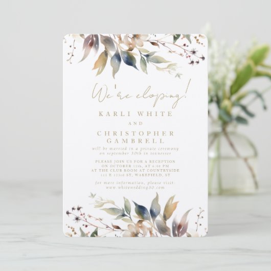 We're Eloping Painted Autumn Leaves Reception Kaart (Staand voorkant)