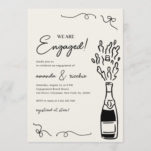 Were Engaged Hand Drawn Champagne Engagement Party Kaart (Voorkant)