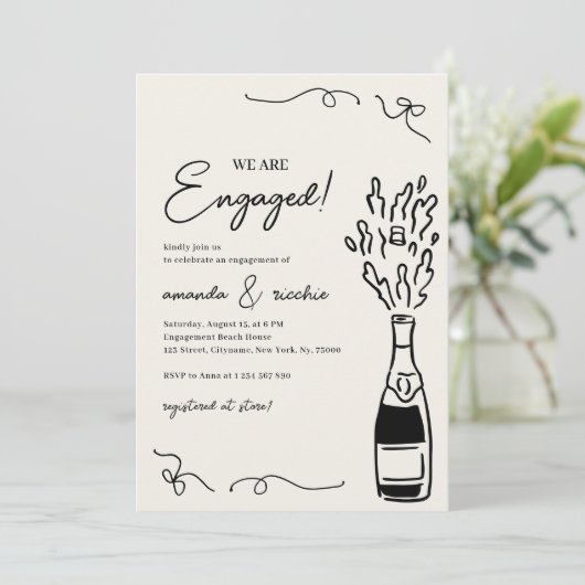 Were Engaged Hand Drawn Champagne Engagement Party Kaart (Staand voorkant)