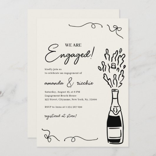 Were Engaged Hand Drawn Champagne Engagement Party Kaart (Voorkant / Achterkant)