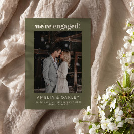 We're Engaged Minimalist Elegant Photo Olive Green Aankondiging