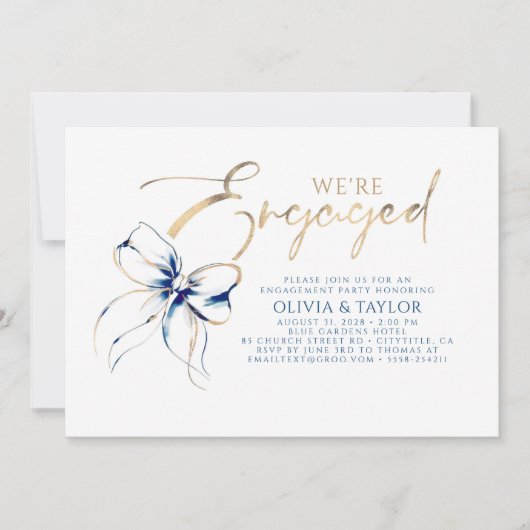 We're Engaged Navy Blue Bow Engagement Party Kaart (Voorkant)