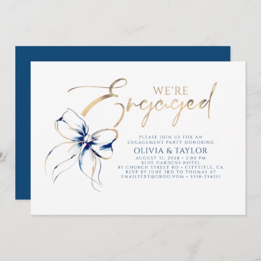 We're Engaged Navy Blue Bow Engagement Party Kaart (Voorkant / Achterkant)