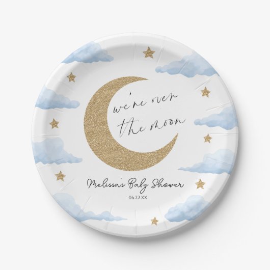 We're Over The Moon Blue Celestial Baby Shower Papieren Bordje (Voorkant)