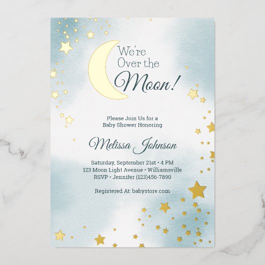 We're Over the Moon Dreamy Boy Baby shower Folie Uitnodiging (Voorkant)