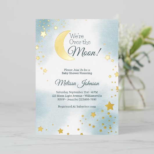 We're Over the Moon Dreamy Boy Baby shower Folie Uitnodiging (Staand Voorkant)
