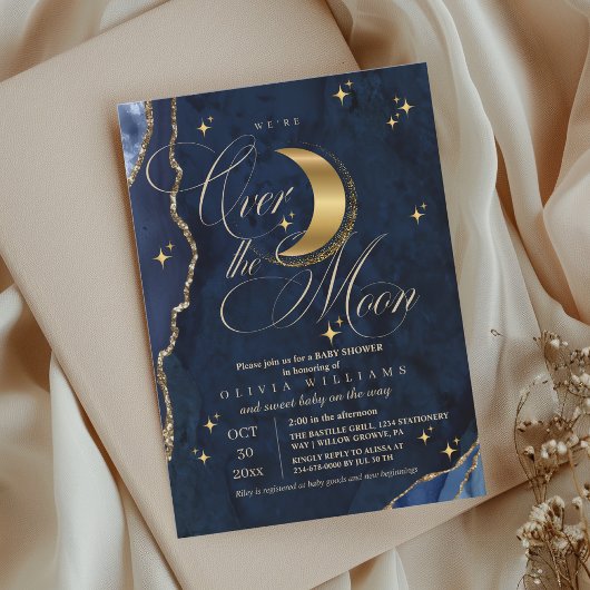 We're Over the Moon Gold Stars Blue Baby Shower  Kaart