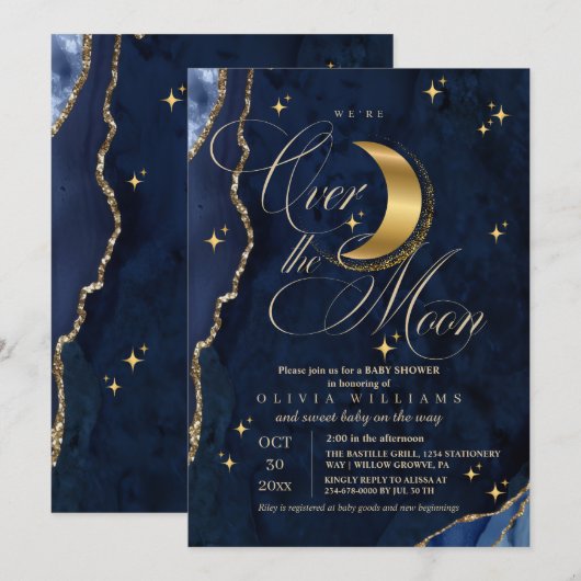 We're Over the Moon Gold Stars Blue Baby Shower Kaart (Voorkant / Achterkant)