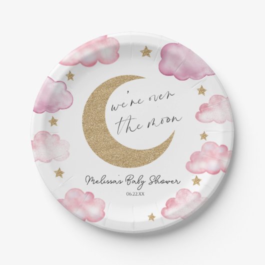 We're Over The Moon Pink Celestial Baby Shower Papieren Bordje (Voorkant)