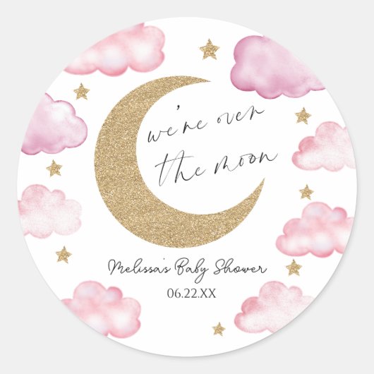 We're Over The Moon Pink Celestial Baby Shower Ronde Sticker (Voorkant)