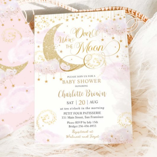 We're Over The Moon Stars Roze Goud Baby shower Kaart