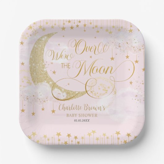 We're Over The Moon Stars Roze Goud Baby shower Papieren Bordje (Voorkant)