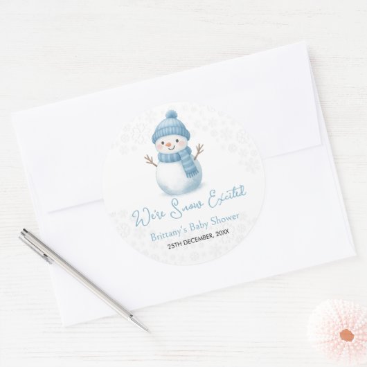 We're Snow Excited Snowmen Boy Baby Shower Ronde Sticker (Envelop)