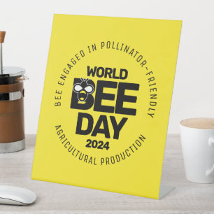 Wereld Bijendag Geel Zwart Pollinator Reclamebord Met Voetstuk