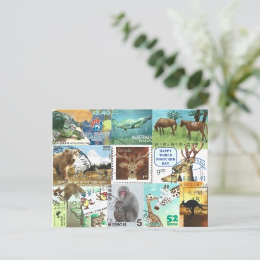 Wereld Briefkaart Dag - Dierenpostzegelcollage (Staand voorkant)