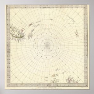 Wereld, gnomonisch proj VI Zuidpool tot 45 S Lat Poster