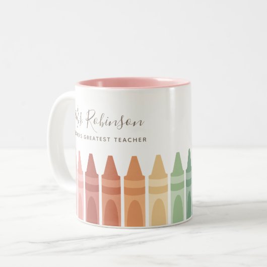 Wereld grootste leraar regenboogkrayon tweekleurige koffiemok (Voorkant links)