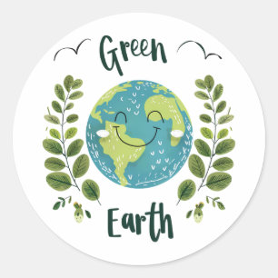 Wereld Milieu - Glimlachende Aarde met Groene Aard Ronde Sticker