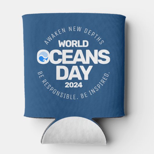 Wereld Oceanen Dag Blauwe Gestileerde Aarde Golven Blikjeskoeler (Achterkant)