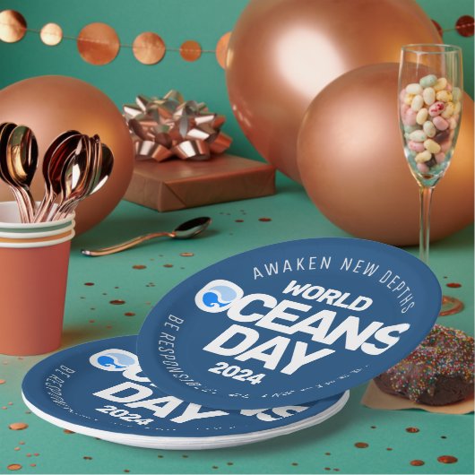 Wereld Oceanen Dag Blauwe Gestileerde Aarde Golven Papieren Bordje (Multi)