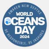 Wereld Oceanen Dag Blauwe Gestileerde Aarde Golven Ronde Sticker (Voorkant)