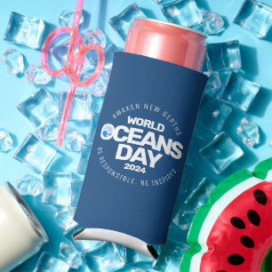 Wereld Oceanen Dag Blauwe Gestileerde Aarde Golven Seltzer Blikjeskoeler