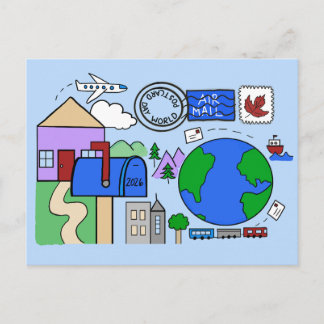 Wereld Postkaart Dag 2026 - transport in het blauw Feestdagenkaart
