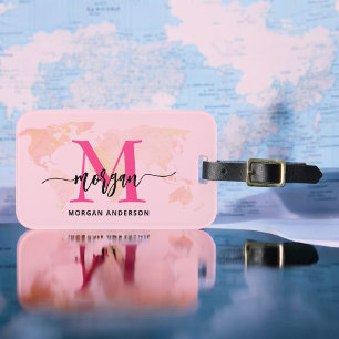 Wereld Reisplattegrond met Warm Roze Monogramnaam Bagagelabel