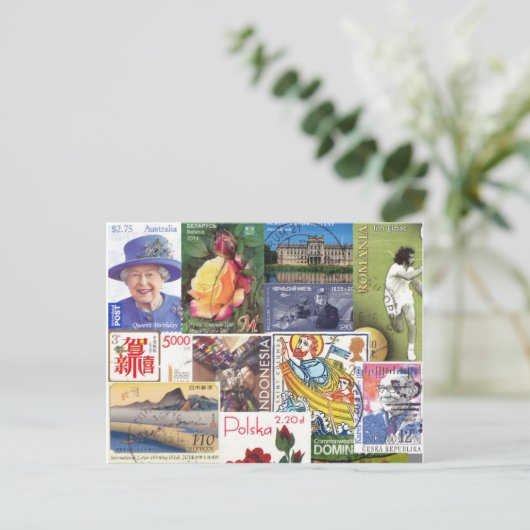 Wereld reisstempels (collage) briefkaart (Staand voorkant)