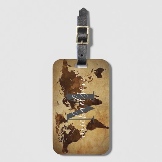 Wereld Reiziger Kaart Aangepaste Monogram Naam Lug Bagagelabel (Voorkant (verticaal))
