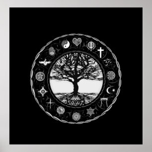Wereld Religies Zwarte en Witte Boom Poster